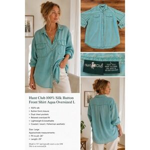 Hunt Club 100% Silk Button Front Shirt Aqua Teal Oversized Coastal Cottage L